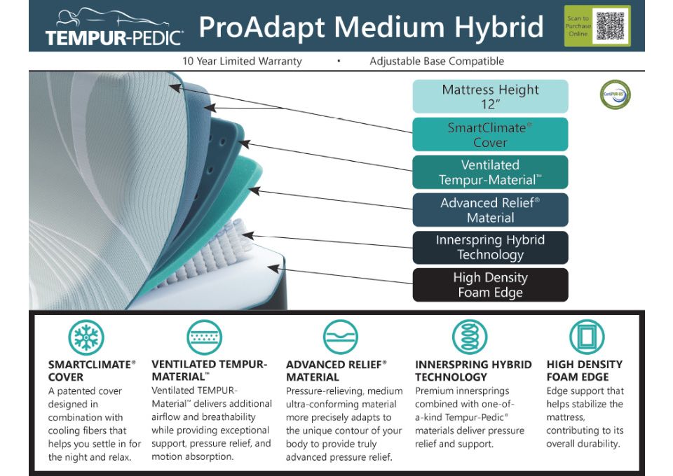 Tempur-Pedic Tempur-Pro Adapt Medium Hybrid Mattress - HassleLess